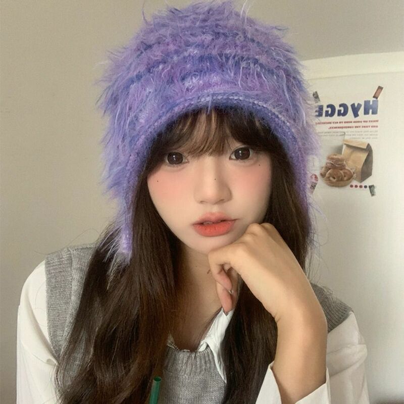 Multicolor Plush Hat Pullover Sweet Fluffy Ear Protection Hat Soft Knitted Woolen Beanies Women
