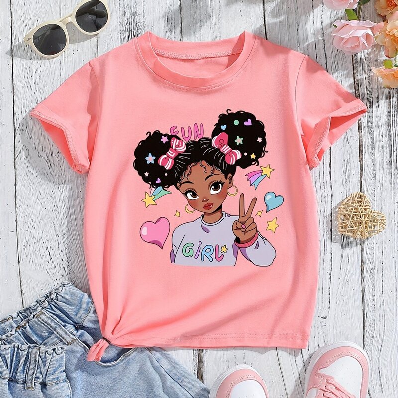 Camiseta gráfica do coração da menina negra, Confortável, Manga curta, Moda, Gola redonda, Cotidiano, Moda Playtime, Tops adoráveis