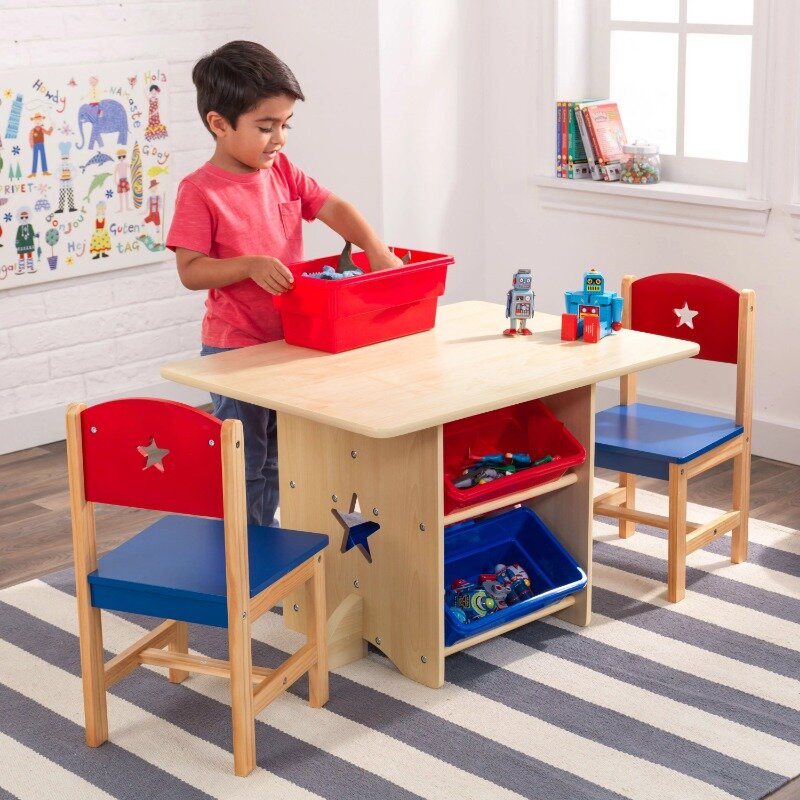 木製の星のテーブルと椅子のセット、赤、青、自然、4つのゴミ箱