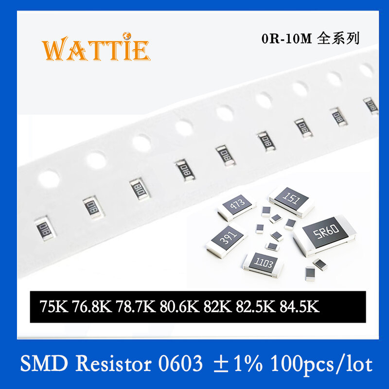 Resistencias de chip SMD, 0603, 1%, 75K, 76,8 K, 78,7 K, 80,6 K, 82K, 82,5 K, 84,5 K, 1/10W, 100mm x 1,6mm, 0,8 unidades por lote