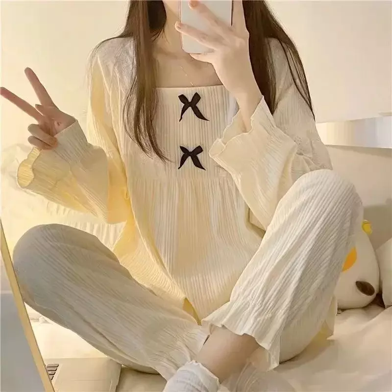 Pajamas Female 2 Sets of Homewear Girls Spring and Autumn Long-Sleeved Trousers Sweet Student Princess Style Cute Homewear Set