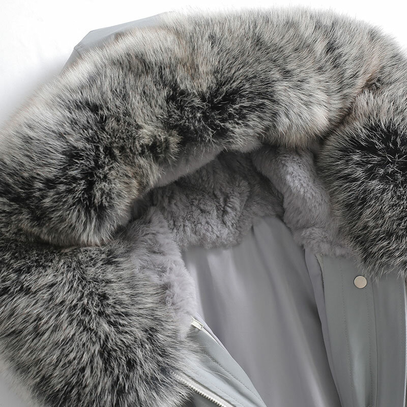 AYUNSUE-abrigo de piel auténtica para mujer, chaqueta de piel con cuello de zorro, Parkas de longitud media, forro de piel de conejo, chaqueta de piel con capucha Zm