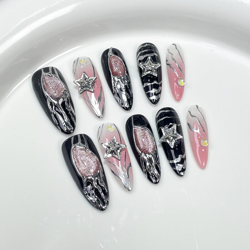 10 Stück Schwermetall handgemachte gefälschte Nägel Farbverlauf schwarz drücken auf Nägel y2k Mädchen DIY Maniküre Stern Design falsche Nagels pitzen für Frauen