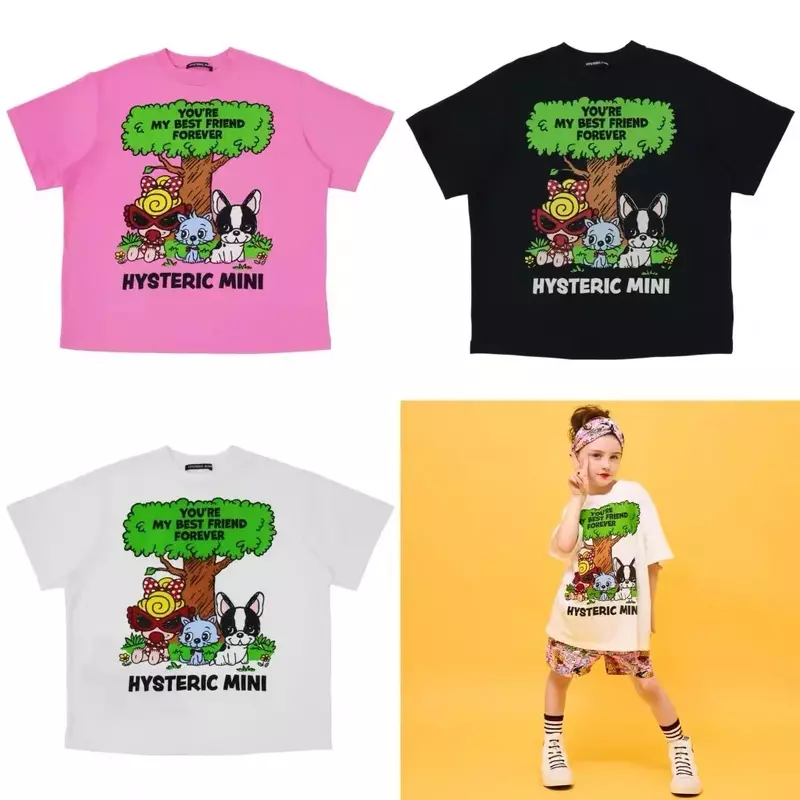 Одежда для девочек, Слитная черная суперлетняя хлопковая футболка с коротким рукавом и рисунком кошки и собаки для мальчиков и девочек, 2024