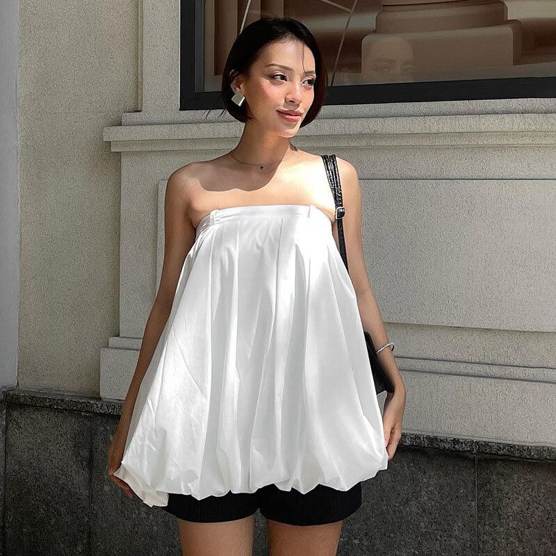 TARUXY New White Strapless Dress Women Sleeveless Loose Ruched Short Dress Backless Splice Casual Bandage Female Clothes Summer