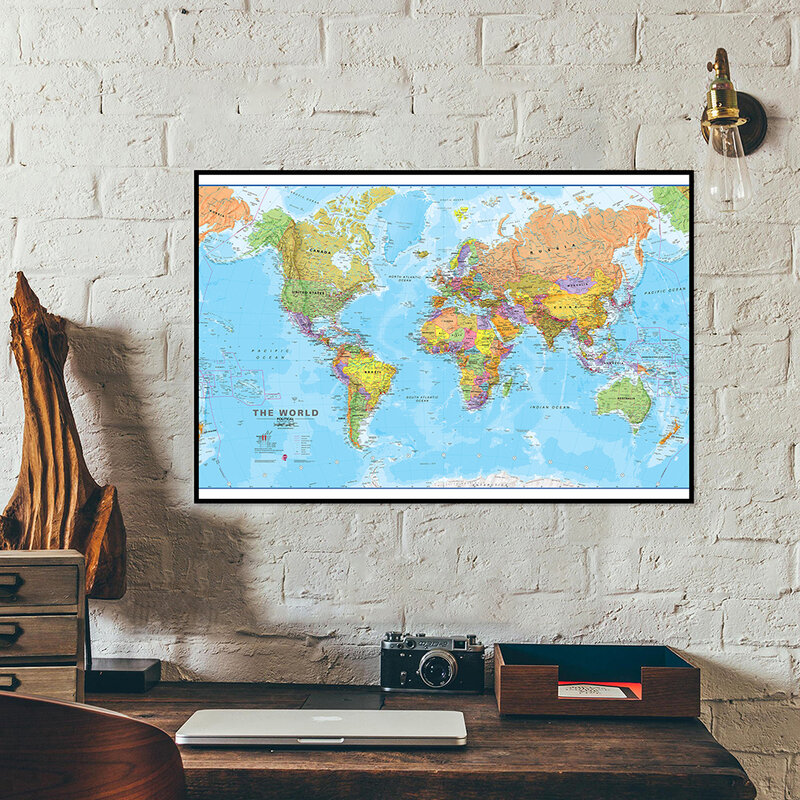 60*40センチメートル世界政治地図非常に詳細なキャンバス絵画現代の壁の芸術ポスター学用品リビングルームのホームインテリア