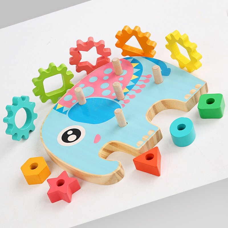 Juguete de madera de elefante para niños pequeños, juego de equipo de clasificación educativo con ruedas giratorias, aprender colores y formas