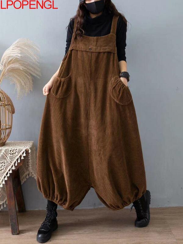 Autumn And Winter New Solid Color Corduroy Oversized Overalls Women's Loose Casual Bloomer Wide Leg Pants One-piece Pants Trend