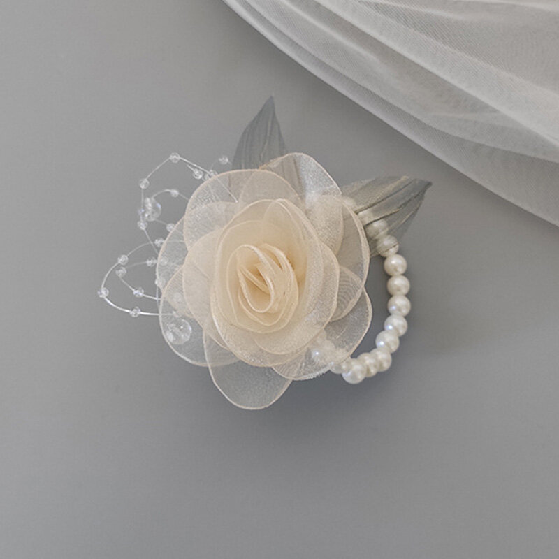 Dziewczęca druhna kwiaty na nadgarstek taśma z perłami róża bransoleta dla na ślub bal panny młodej na przyjęcie, aby prezent dla druhny akcesoria ślubne