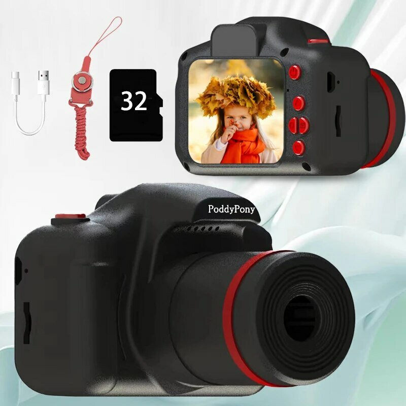 Câmera digital de lente longa para meninos e meninas, recorde de férias, festival, grande presente para meninos de 3 a 9 anos, cartão 32G, registro