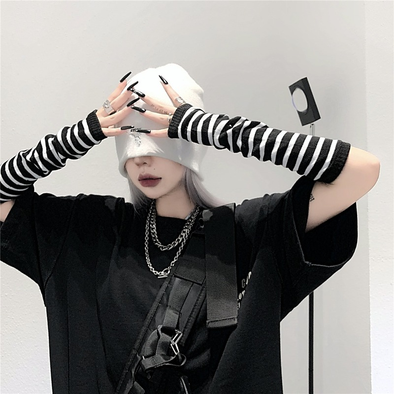 Lolita Punk maniche lunghe guanti senza dita polsino per donna uomo Stripe Hip-Hop lavorato a maglia guanti a gomito elastico invernale scaldamuscoli