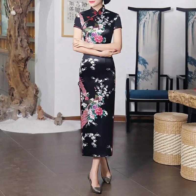 Vestido Cheongsam chino para mujer, vestido tradicional chino, estilo nacional chino, estampado Floral, cuello levantado, para verano