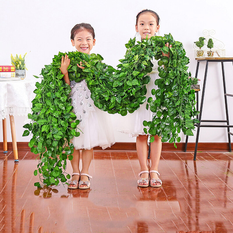 緑の人工植物,210cm,偽の葉,壁の吊り下げ,家の庭の装飾,結婚披露宴の花輪の葉