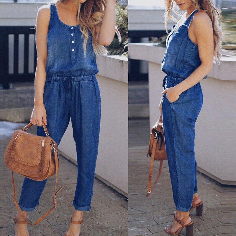 Overall Women Clothes Women Summer Jumpsuit V Neck Sleeveless Solid Color Elastic Waist Loose Dress-Up Denim Tight Waist Outfits