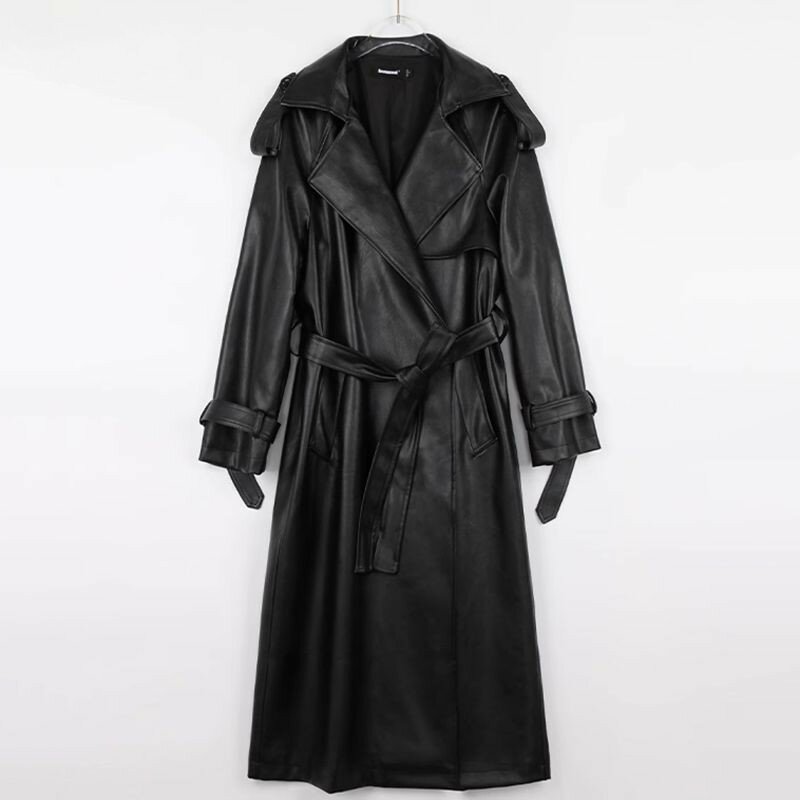 Frühling Herbst extra lange wasserdichte schwarze weiche Pu Leder Trenchcoat für Frauen Gürtel boden langen Luxus mantel