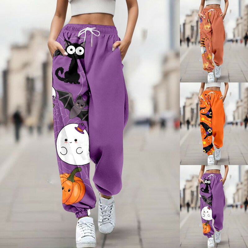 Calças estampadas para gato de halloween feminino, calça jogger, moletom folgada, solta, longa, moda, outono, inverno