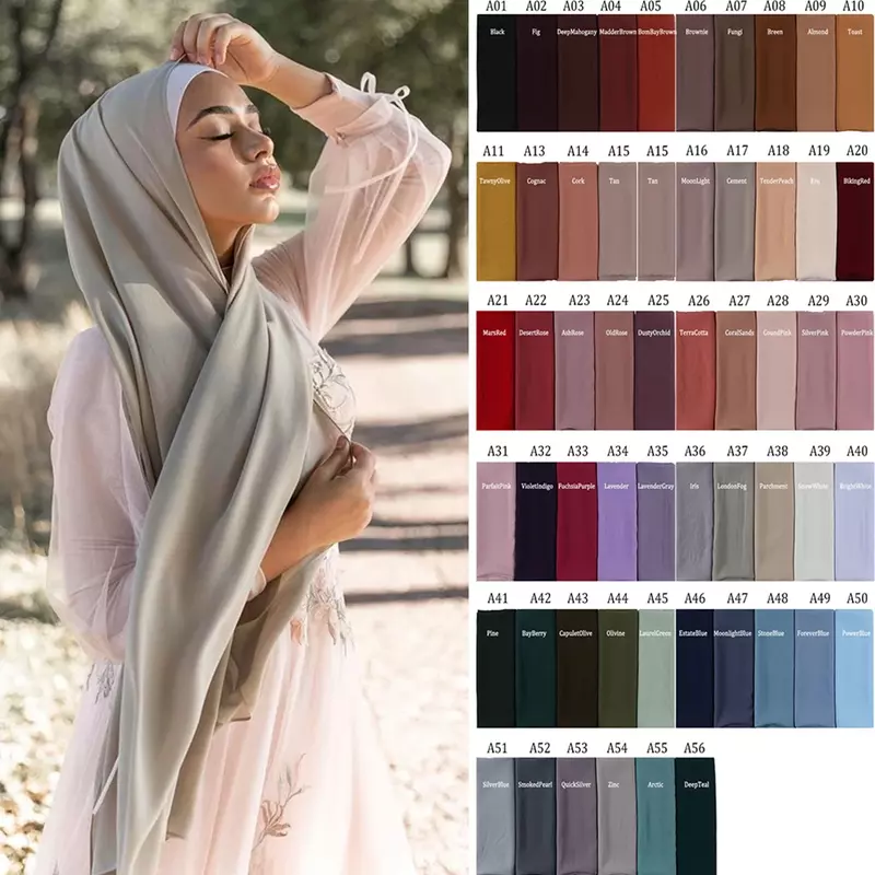 Bufanda Hijab de chifón para mujer musulmana, Material suave, hiyab de chifón pesado, bufandas envolventes, 56 colores, pañuelo para la cabeza de color liso