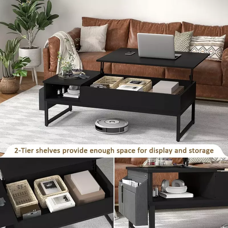 Lift Top Coffee Table with Storage, Wood Lifting Top Central Table Metal Frame, 43.3" Lift Tea Table with Side Pouch,Cocktail