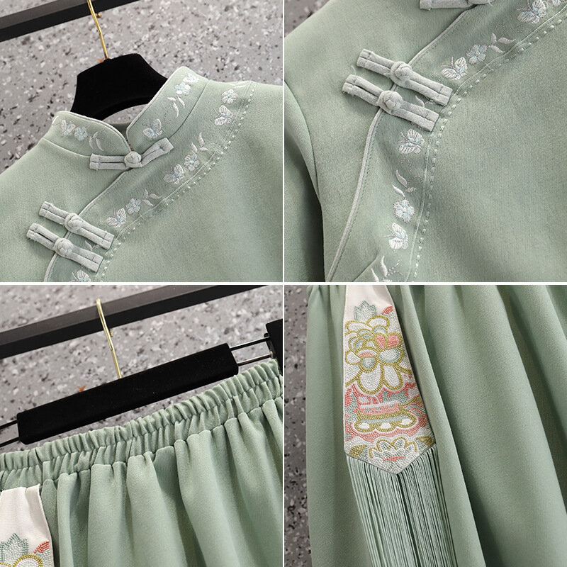 Retro Republic of China Style Embroidered Dress for Women Spring Green Blue Improved Stand Collar Long Sleeve Zen Tea Cheongsams