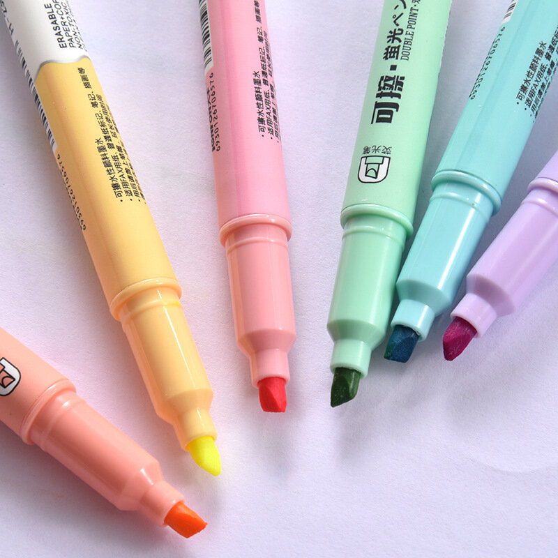 6Pcs/Box Erasable Double Head Highlighters Art Markers Highlighter Pen Fluorecent Pen School Supplies Office Chalk Marker