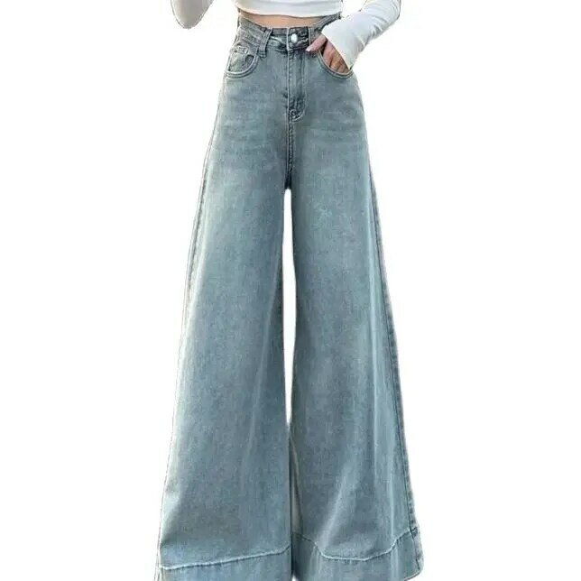 Jeans pantaloni a gamba larga a vita alta Slim Retro Washed Women'S 2024 primavera nuovi pantaloni da pavimento in stile coreano di grandi dimensioni alla moda