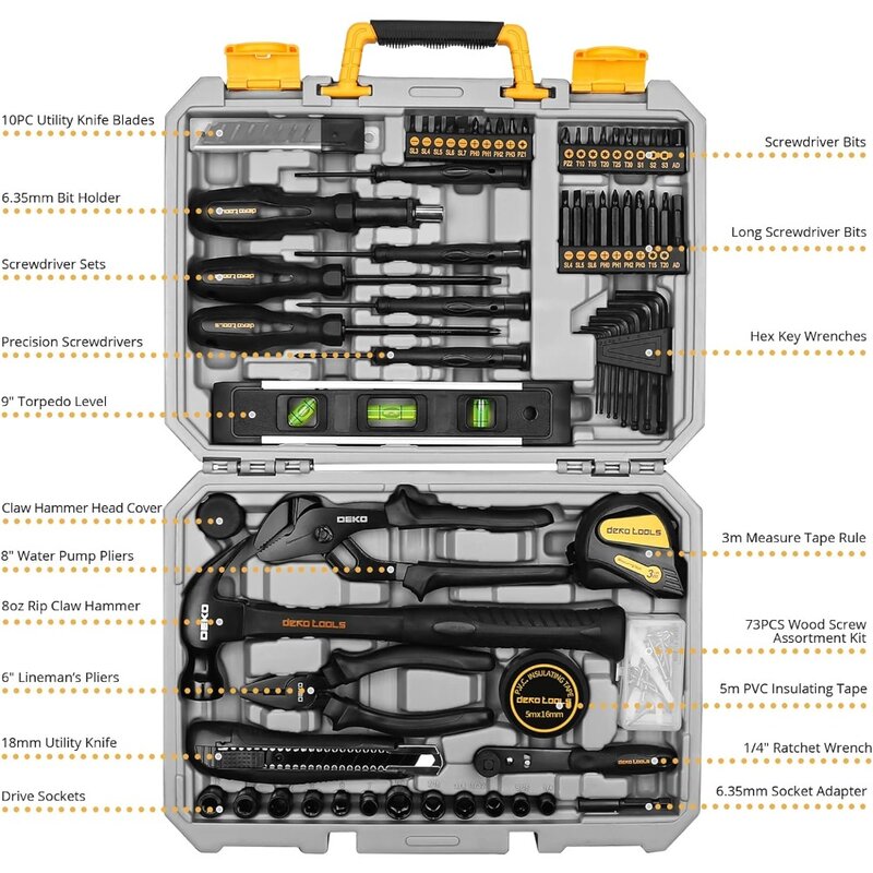 Caja de herramientas de plástico para reparación del hogar, Kit de herramientas de mano para el hogar, caja de almacenamiento, 150 unidades