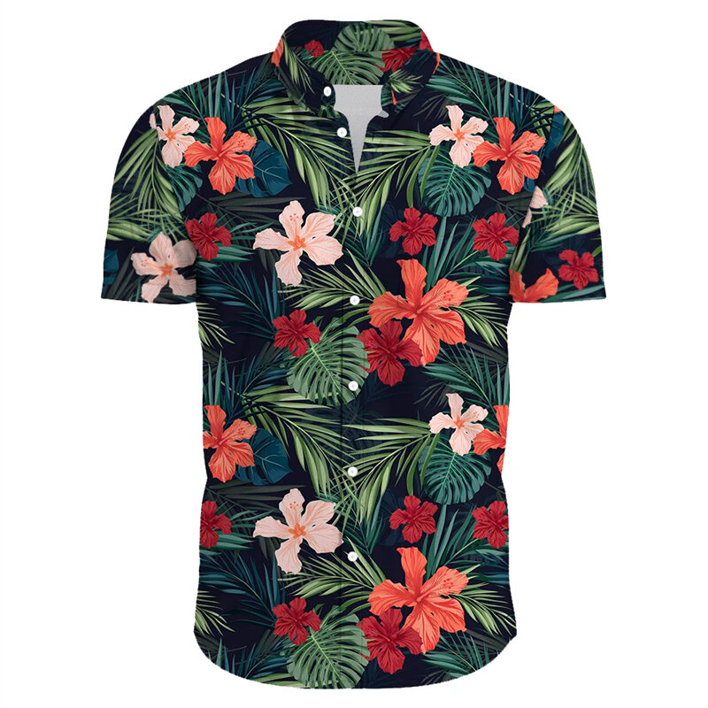New Hawaiian Red Leaf Tropical Shirts Floral Men Tops Summer Casual Short Sleeve Button Chemise Loose Vacation Beach Shirt