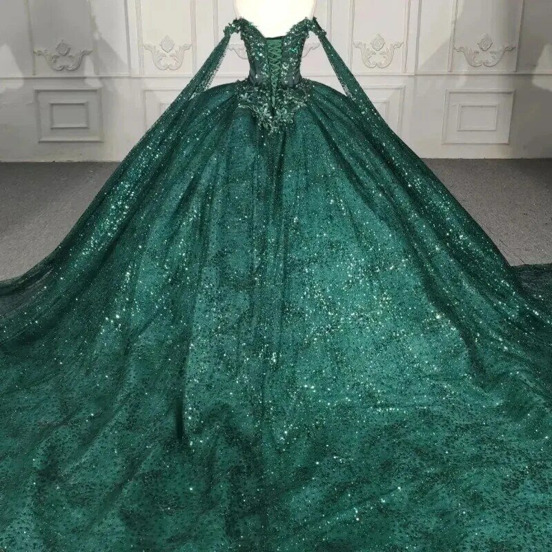 EVLAST-Robe de RhQuinceanera verte émeraude avec cape, appliques de perles en dentelle, robe de luxe, Sweet 16, TQD012