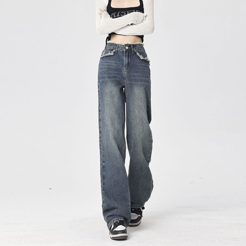Jeans largos e retos para mulheres, cintura alta, streetwear vintage, moda coreana, calças jeans femininas, azul, Y2K, 2023, outono