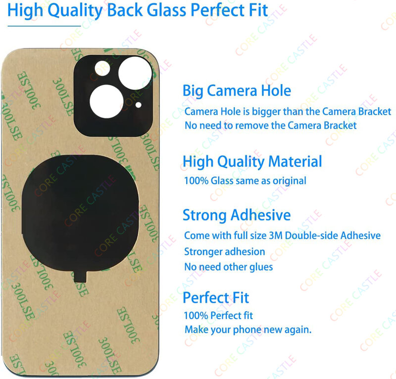 Для iPhone 13 Mini Задняя стеклянная панель Крышка батарейного отсека Запасные части Лучшее качество Размер большое отверстие задняя крышка корпуса камеры То же, что и оригинал, с логотипом.
