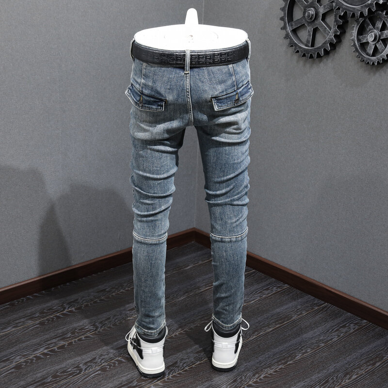 Calça jeans masculina slim fit de motociclista com zíper, moda High Street, calça azul lavada retrô, designer de calças Hip Hop