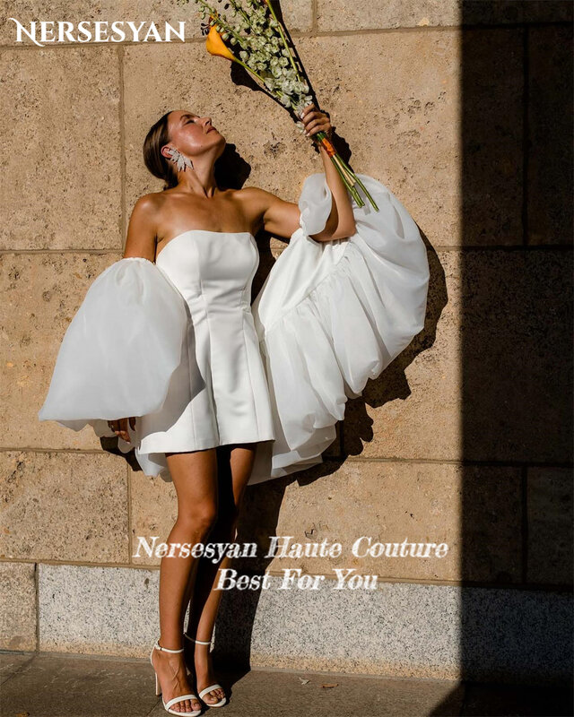 فساتين زفاف من الساتان Nersesyan-Mini-line ، مكشوفة الكتفين ، فساتين زفاف عارية الذراعين ، جاكيت مكشكش ، فستان عروس بدون حمالة