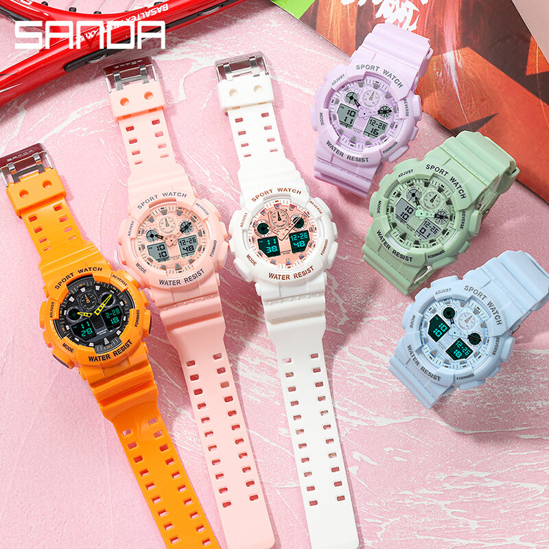 Marka SANDA moda luksusowy cyfrowy zegarek dla mężczyzn kobiety podwójny czas Led Light zegarki elektroniczne chłopiec i dziewczyna Sport kwarcowy zegarek