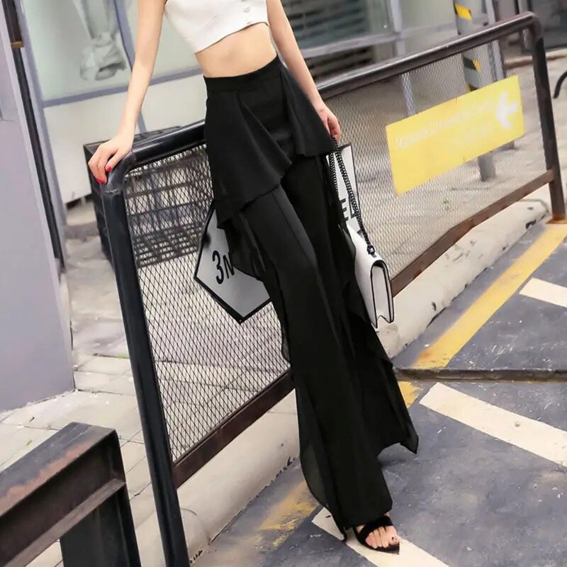Calça solta de perna larga de cintura alta feminina, calça com plissado chiffon, casual e versátil, moda coreana