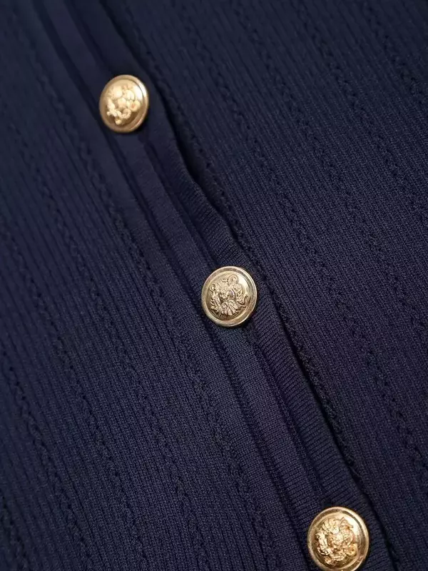 Damska nowa moda złota klamra dekoracja przycięta elastyczna slim, dziany płaszcz Vintage O dekolt z długim rękawem damska odzież wierzchnia eleganckie koszule
