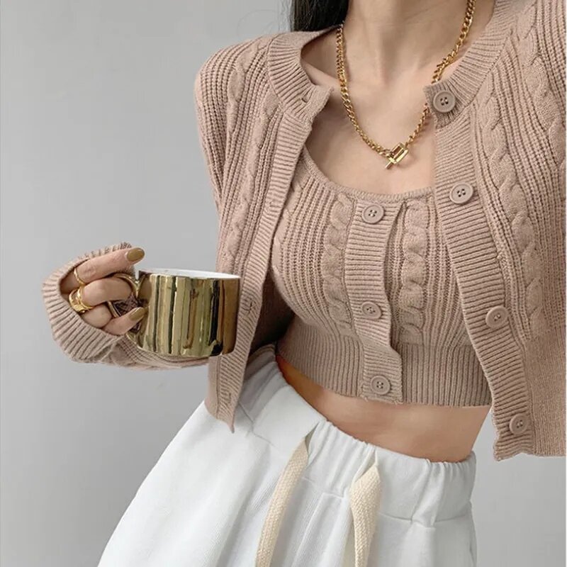 Elegant Knitted Two-Piece Set for Women, Crop Top, Cardigan, Fashion Camisole, Autumn Clothes, 2024