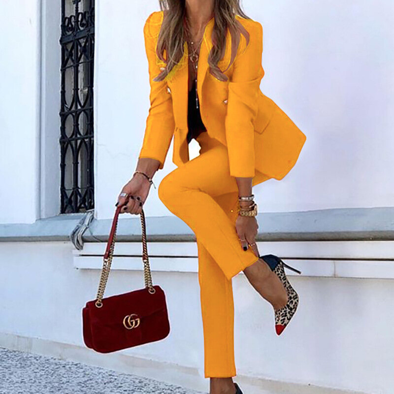 2023 Women Fashion Solid Color Blazer Elastic Pants Suit Office Lady Slim Elegant Pants Set Red All Match Commute Casual Wear