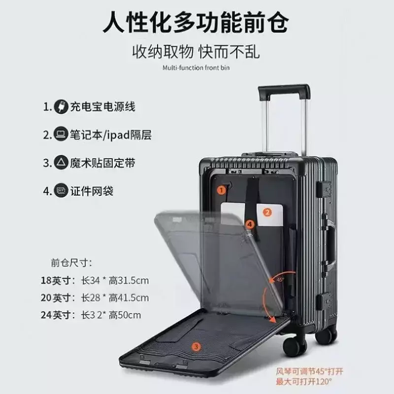 Maleta de viaje multifunción para equipaje, estuche de varilla de tracción con marco de aluminio, puerto de carga USB con portavasos plegable, bolsa de embarque