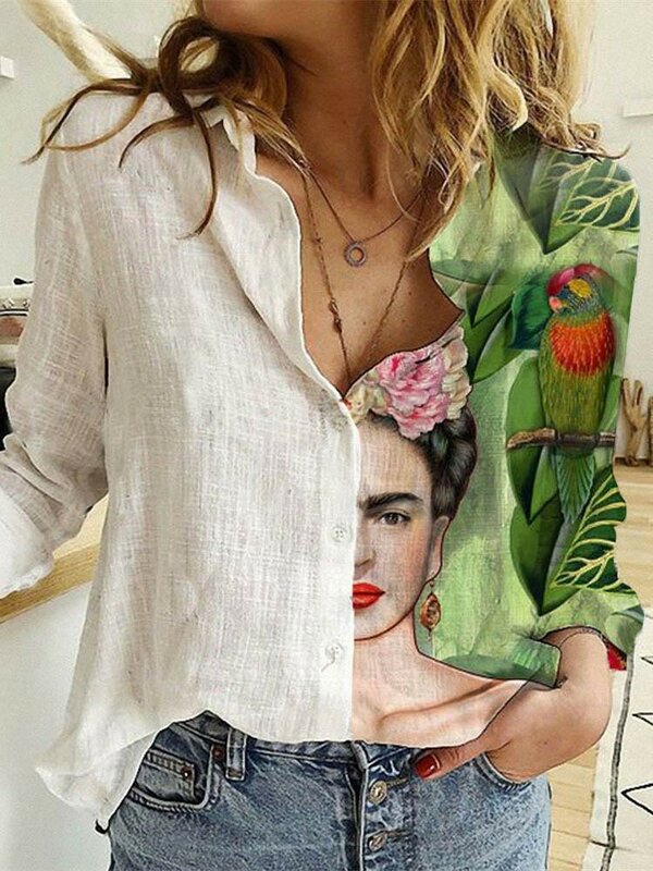 Женская блузка с длинным рукавом, хлопковая рубашка из полиэстера с отложным воротником и пуговицами, Повседневная Блузка в стиле ретро с принтом лица, 2XL, осень 2023