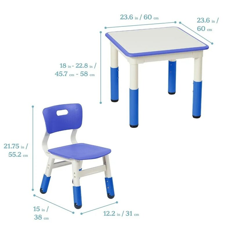 Verstelbare Kindertafel Kindermeubilair Blauw Droog Uitwisbare Vierkante Activiteitstafel Met 2 Stoelen 3-delig