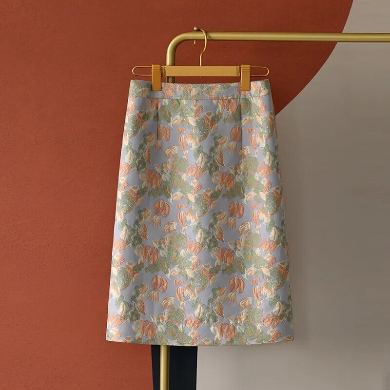 Faldas bordadas con pintura al óleo para Mujer, Faldas Retro de jacquard, paquete abierto a la cadera, Faldas rectas, Moda, primavera y otoño