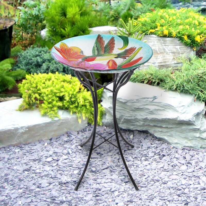 Teamson Home 18" Outdoor Glass Flower and Hummingbird Birdbath with Stand, Multicolor 45.7 x 45.7 x 53.8