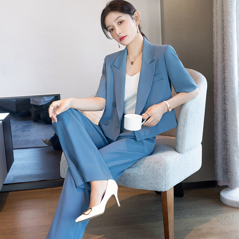 Women Solid Color Sets Lapel Short Sleeve Streetwear Double Breasted Blazer & Trousers Fashion Casual Ladies Suits Office Lady