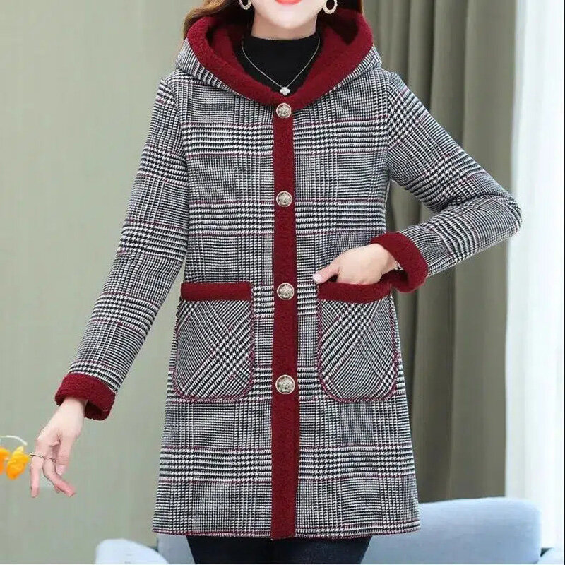 Бархатное клетчатое пальто, женские топы, Женская куртка средней длины с хлопковой подкладкой для женщин среднего возраста, зимнее теплое непромокаемое пальто с капюшоном