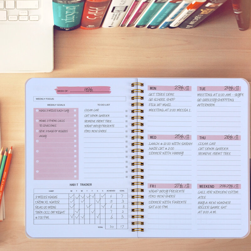 2024 A5 Agenda notatnik organizator pamiętnik terminarz tygodniowy celów planuje zeszyty dzienników dla szkolnego biura papeterii