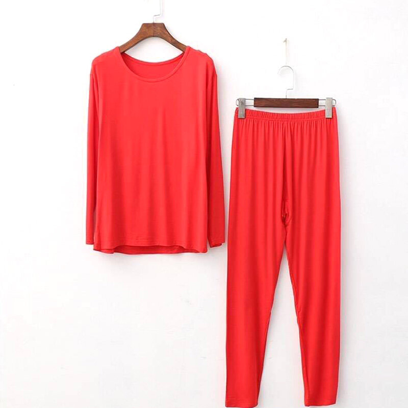Women's Plus Size Warm Lingerie Set Solid Color O Neck Long Sleeve Thermal Underwear Autumn Winter Homewear Suits Clothes 5XL