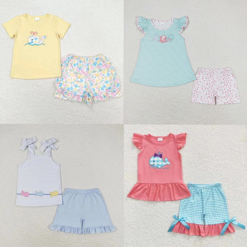 Оптовая продажа, летний комплект для маленьких девочек, детские топы с коротким рукавом и вышивкой, комплект из двух предметов с изображением рыбы, шорты с оборками для малышей, одежда