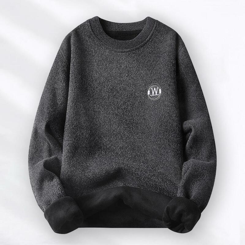 Winter Solid Color Sweater Cozy Men's Winter Sweater with Fleece Lining O-neck Knitwear Thick Long Sleeve for Autumn for Young