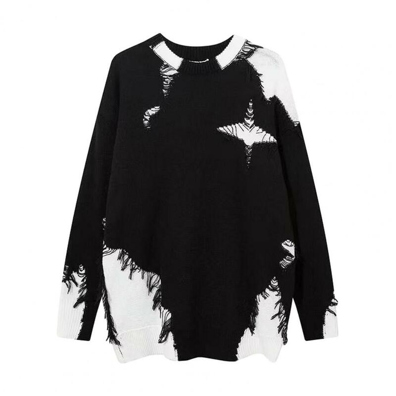Women Tassel Sweater Stylish Women's Fall Winter Sweater with Ripped Tassel Detail Color Matching Round Neck Soft Warm for A