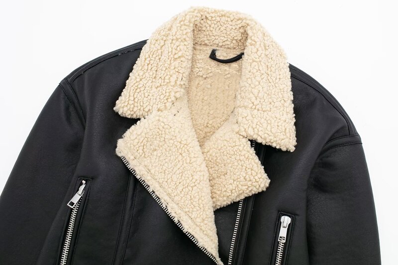 Chaqueta de piel sintética con bolsillos y cremallera para mujer, abrigo Vintage con decoración de dos caras, ropa de abrigo elegante, novedad de 2023